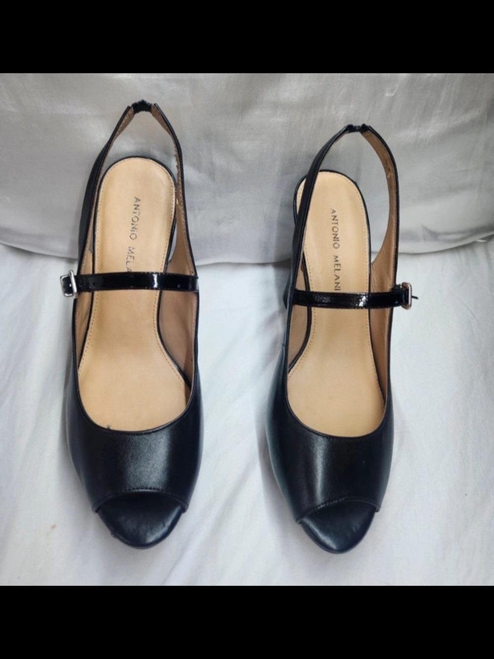 ANTONIO MELANI Black Peep-Toe Slingback Heels with Strap